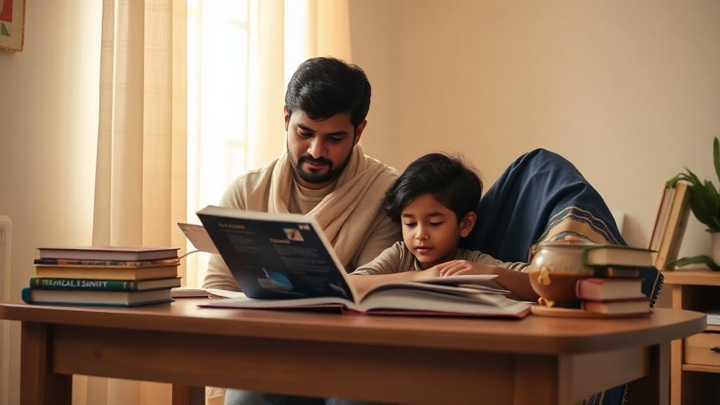 Parent reading with their child at a study table
