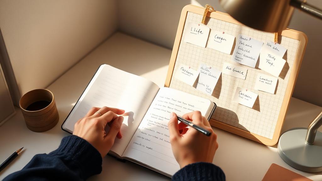 Hands writing life goals in a notebook beside a vision board